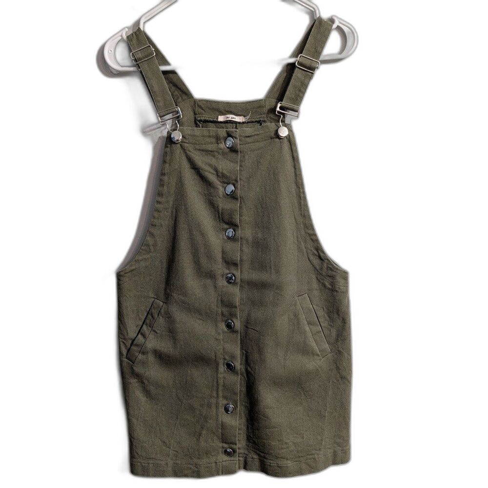 Mi Ami Olive Green Button-Front Women's Overall Jumper Dress Adjustable Straps M